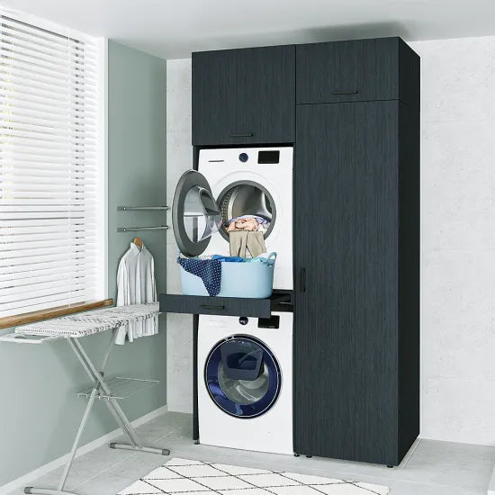 Washing Machine and Dryer Cabinet with Side Cabinet, 240 cm, Black, 3 Shelves
