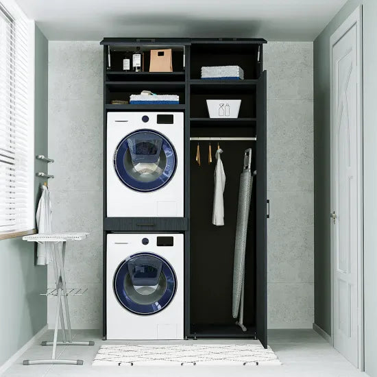 Washing Machine and Dryer Cabinet with Side Cabinet, 240 cm, Black, 3 Shelves