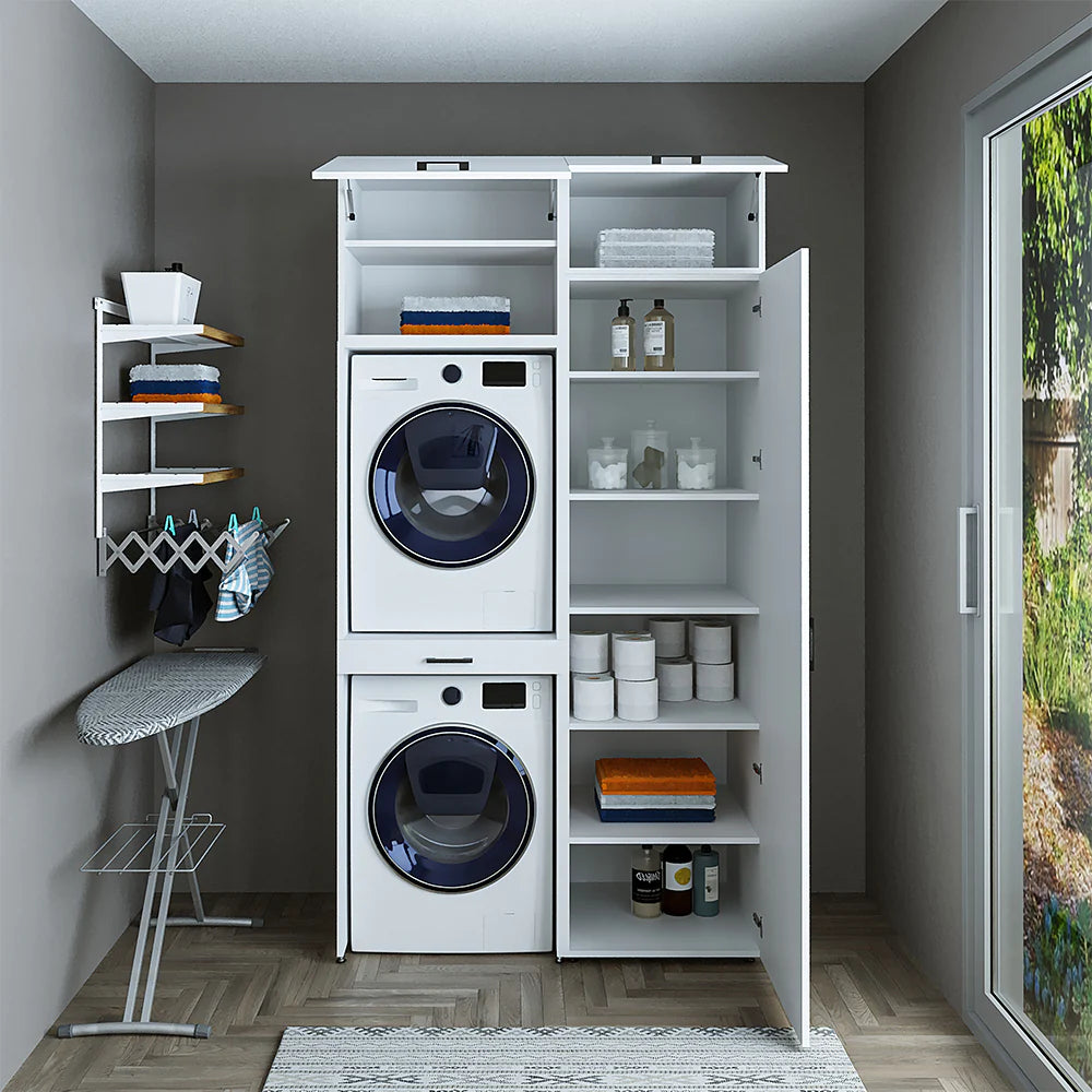 Cabinet for Washing Machine and Dryer with Side Cabinet, 240 cm, White, 3 Shelves