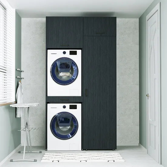 Washing Machine and Dryer Cabinet with Side Cabinet, 240 cm, Black, 3 Shelves