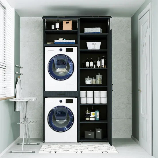 Cabinet for Washer and Dryer + Side Wardrobe, 240 cm, Black, 5 Shelves