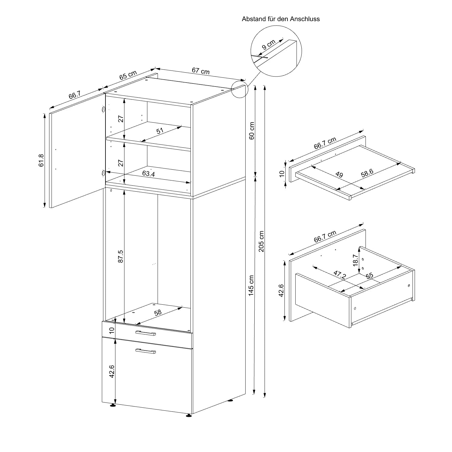 Laundry cabinet, black, drawer and pull-out board, 205x67x66,8 cm