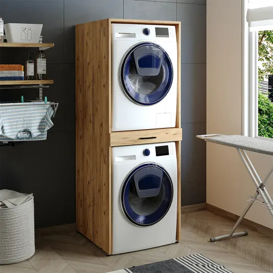 Cabinet for washing machine and dryer, with pull-out shelf, oak