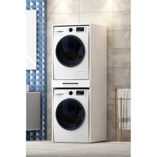 Cabinet for washing machine and dryer, with pull-out shelf, white