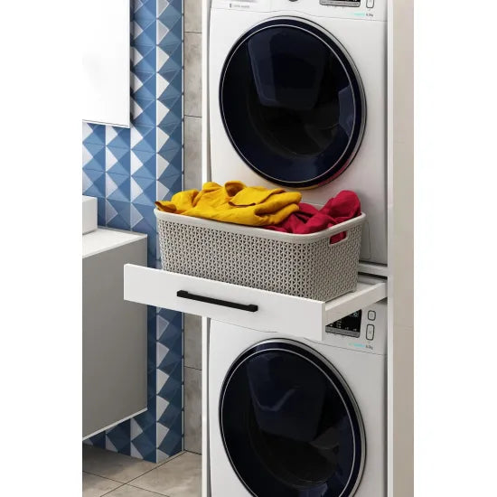 Cabinet for washing machine and dryer, with pull-out shelf, white