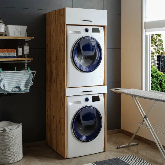 Cabinet for washing machine and dryer, with pull-out shelf, with 22 cm folding cabinet, hrast/belo