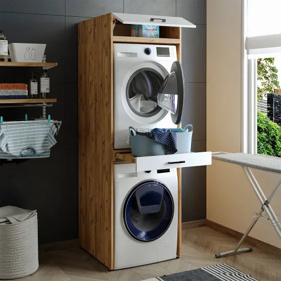 Cabinet for washing machine and dryer, with pull-out shelf, with 22 cm folding cabinet, hrast/belo