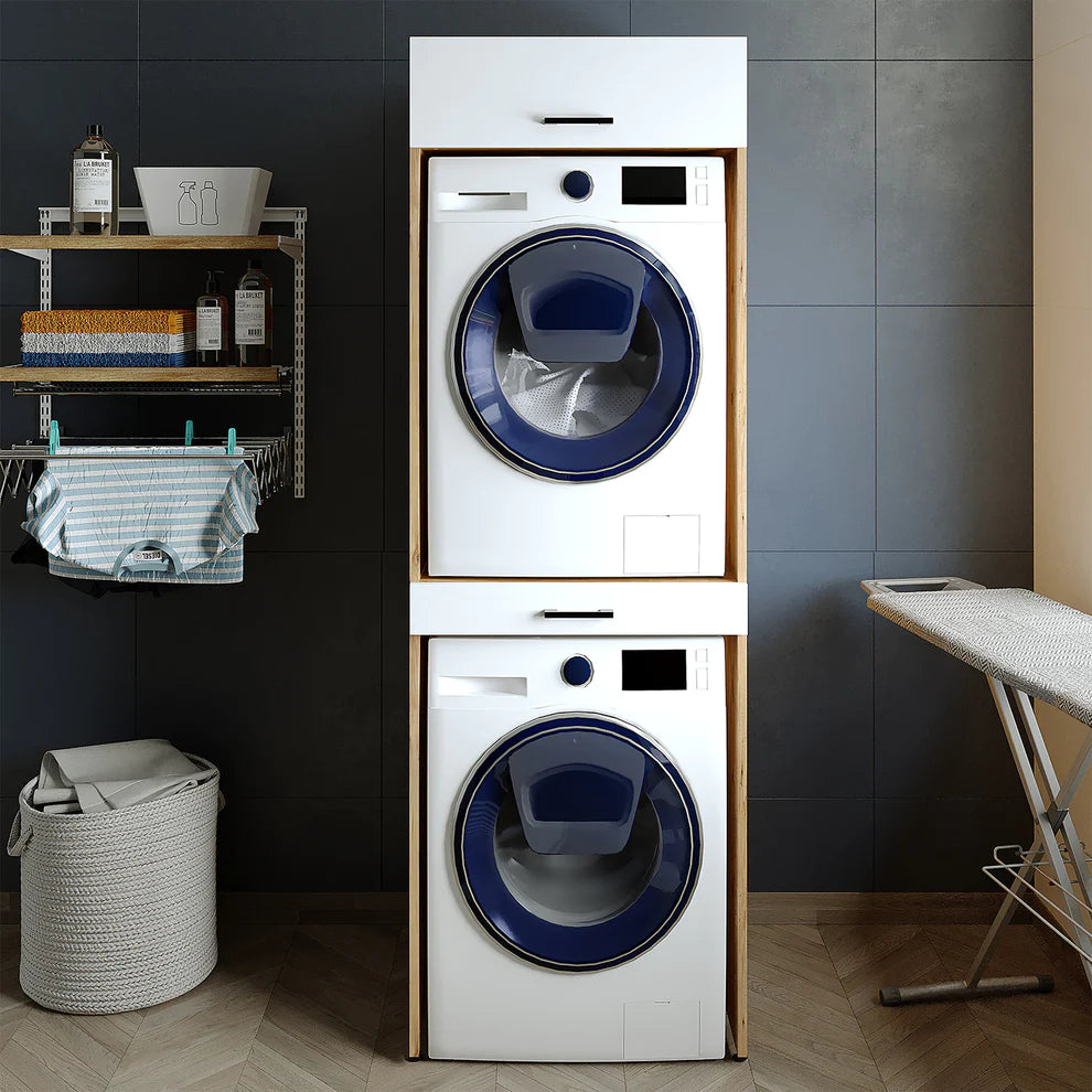 Cabinet for washing machine and dryer, with pull-out shelf, with 22 cm folding cabinet, hrast/belo