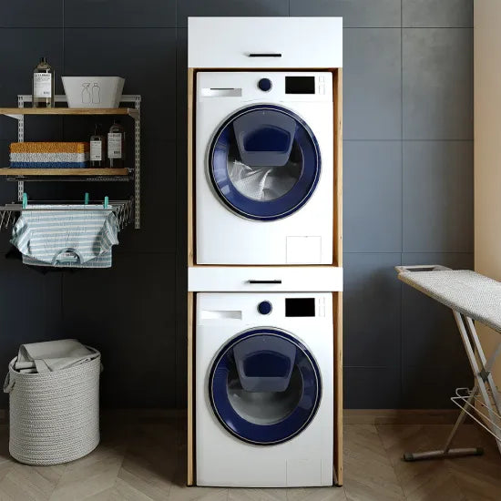 Cabinet for washing machine and dryer, with pull-out shelf, with 22 cm folding cabinet, hrast/belo
