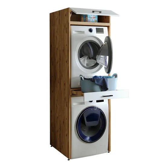 Cabinet for washing machine and dryer, with pull-out shelf, with 22 cm folding cabinet, hrast/belo