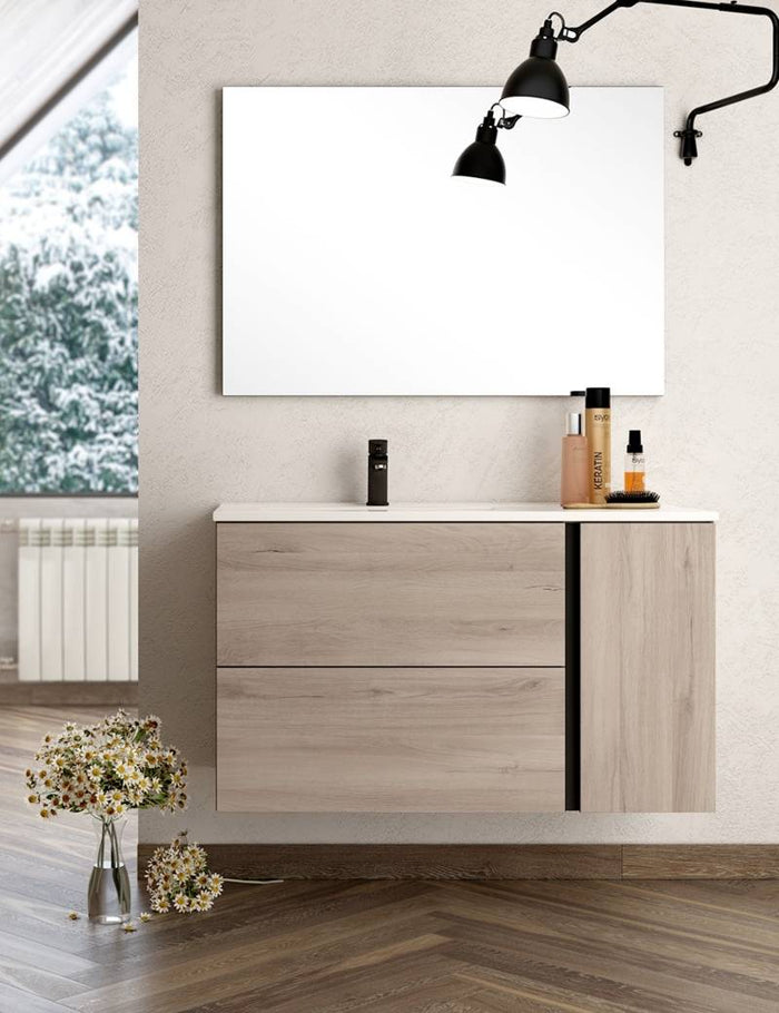 Evora 80cm Wall Hung Basin Unit with Matt Black Handles - Iron Oak