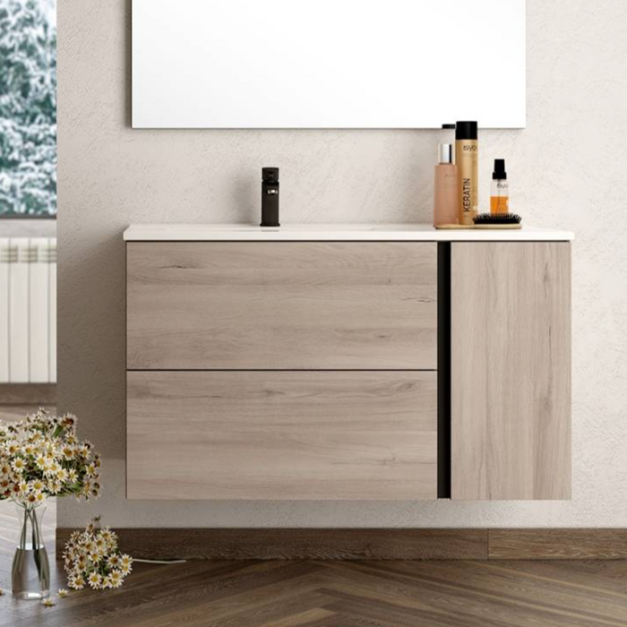 Evora 80cm Wall Hung Basin Unit with Matt Black Handles - Iron Oak