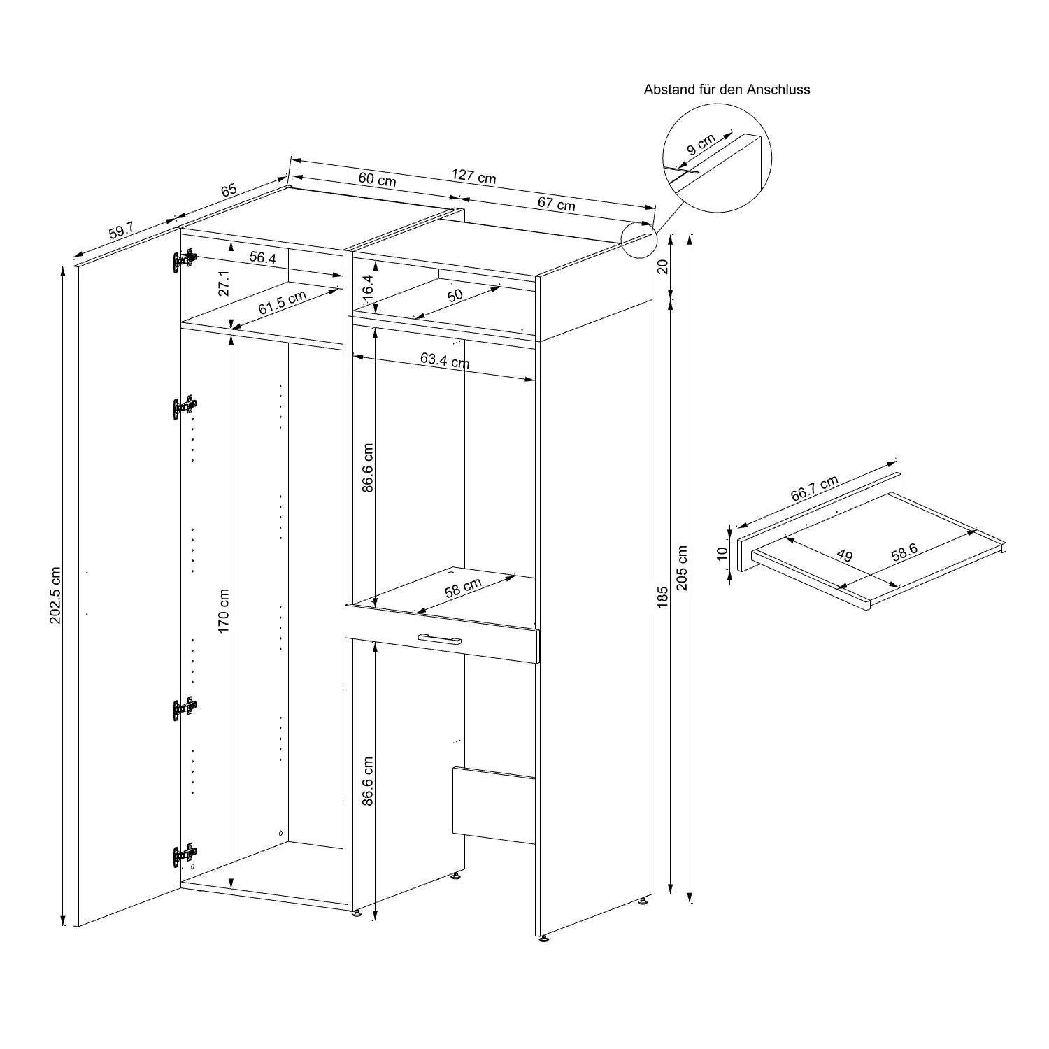 Washing Machine and Dryer Cabinet with Side Cabinet, 205 cm, Black, 3 Shelves