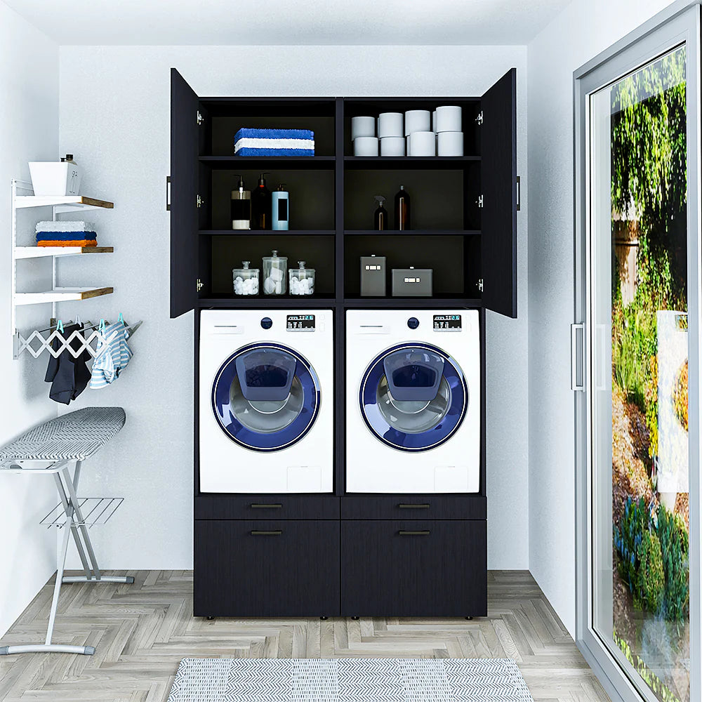 Cabinet for washing machine and tumble dryer with panels 87 cm, black oak, drawer + pull-out board