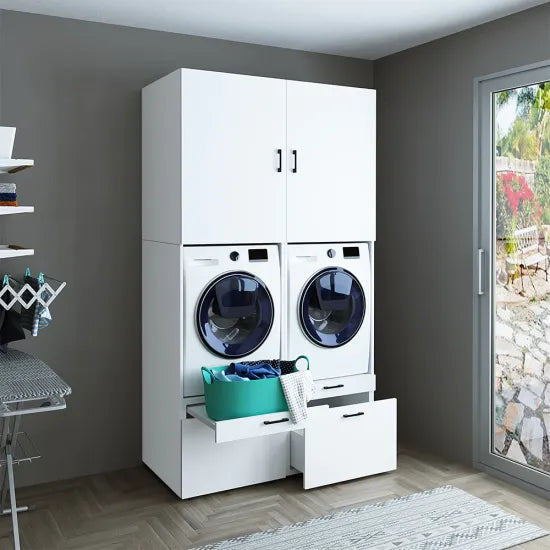 Cabinet for washing machine and tumble dryer with panels 87 cm, white, drawer + pull-out board