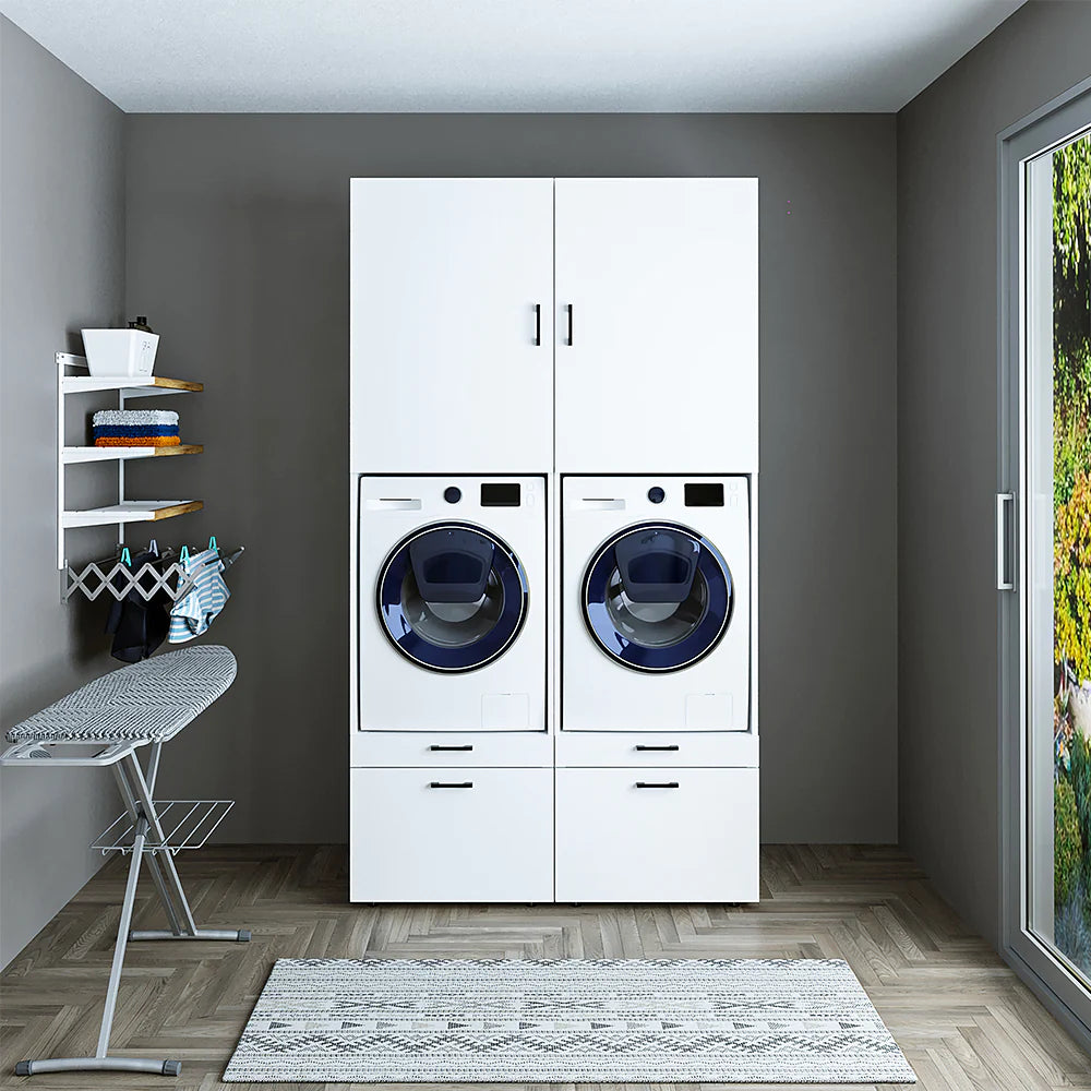 Cabinet for washing machine and tumble dryer with panels 87 cm, white, drawer + pull-out board