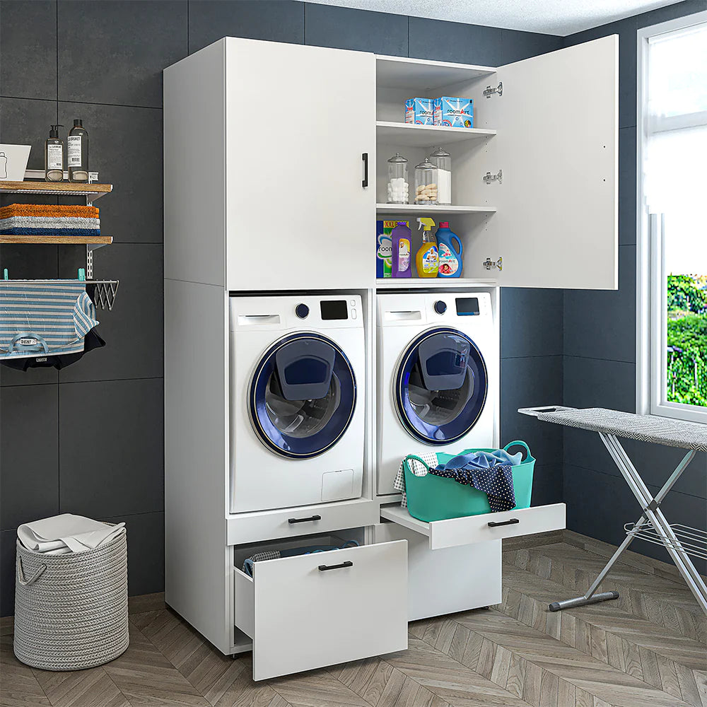 Cabinet for washing machine and tumble dryer with panels 87 cm, white, drawer + pull-out board