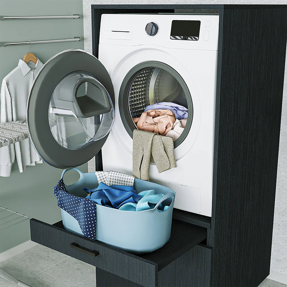 Cabinet for washing machine and tumble dryer with panels 87 cm, black oak, drawer + pull-out board