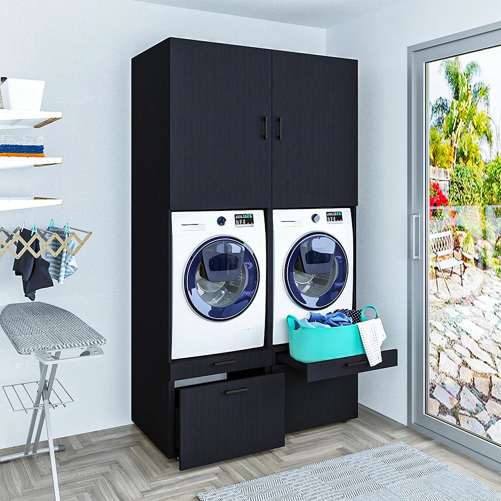 Cabinet for washing machine and tumble dryer with panels 87 cm, black oak, drawer + pull-out board