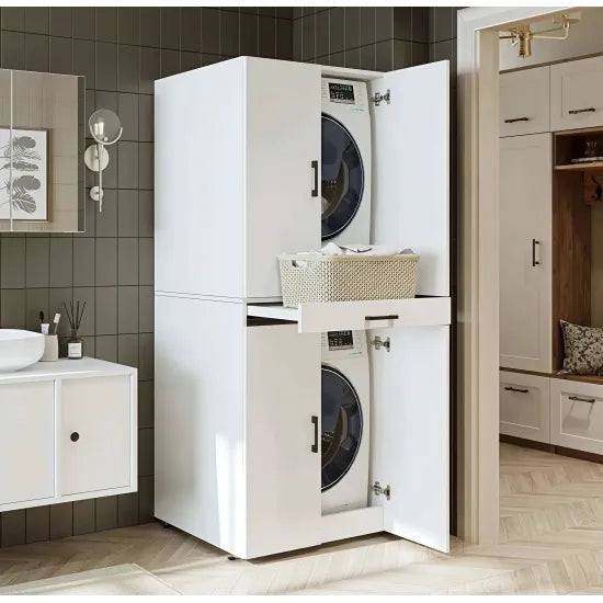 Laundry cabinet for washer and dryer machine, with pull-out shelf, WHITE, with doors