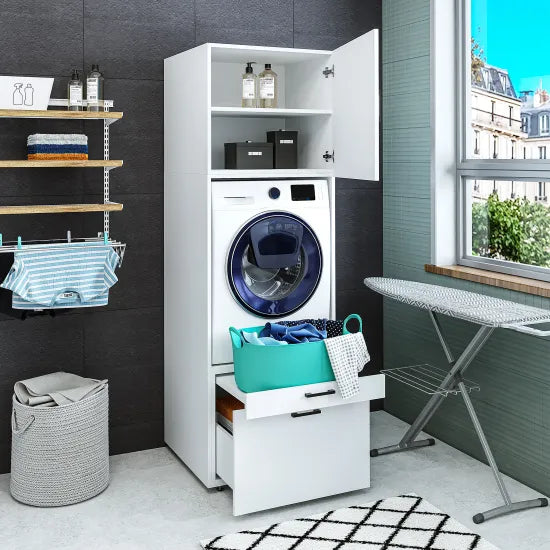 Laundry cabinet, white, drawer and pull-out board, 205x67x66,8 cm