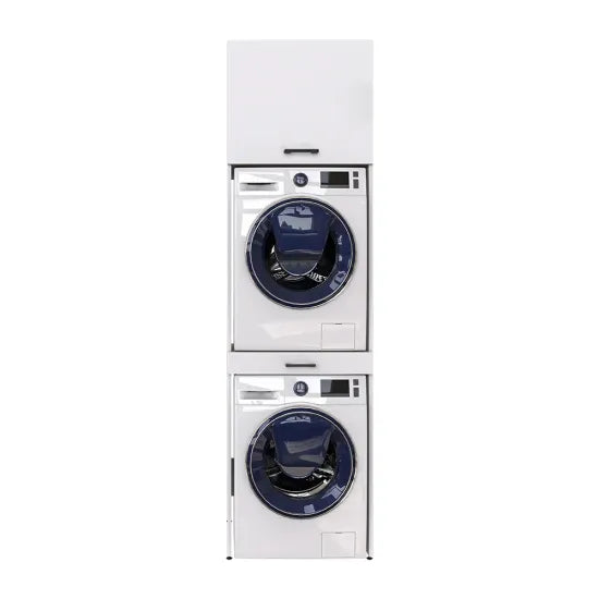 Cabinet for washing machine and dryer, with pull-out shelf, with 57 cm folding cabinet, white