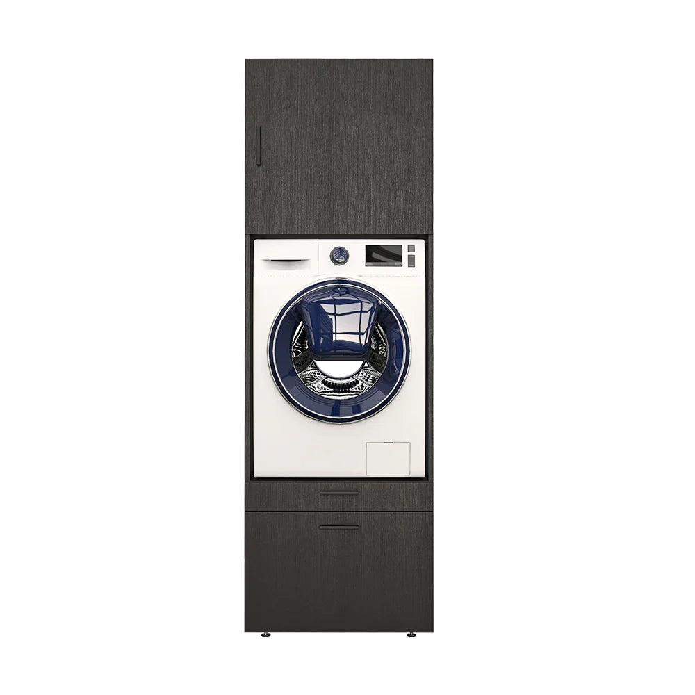 Laundry cabinet, black, drawer and pull-out board, 205x67x66,8 cm