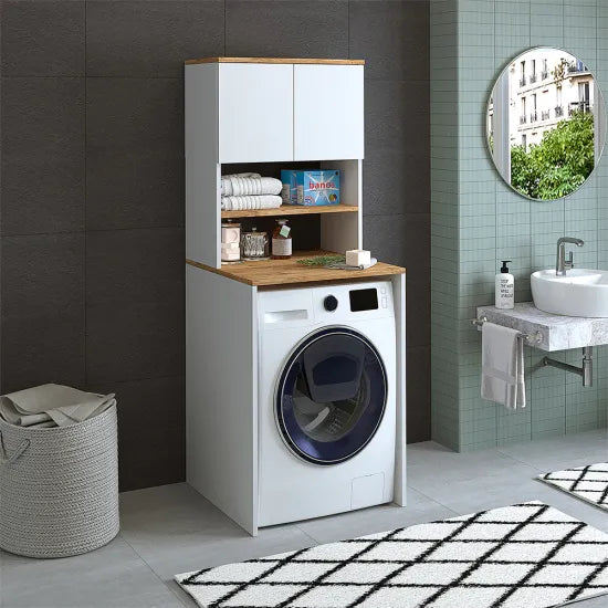 Cabinet for washing machine, white/oak, MONICA, 65 x 181 x 60 cm