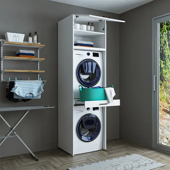 Cabinet for washing machine and dryer, with pull-out shelf, with 57 cm folding cabinet, white