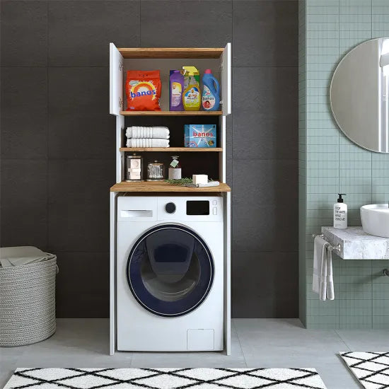 Cabinet for washing machine, white/oak, MONICA, 65 x 181 x 60 cm