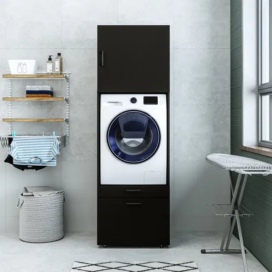 Laundry cabinet, black, drawer and pull-out board, 205x67x66,8 cm