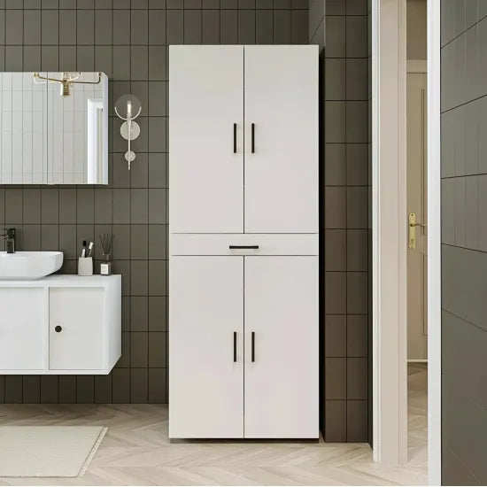 Laundry cabinet for washer and dryer machine, with pull-out shelf, WHITE, with doors