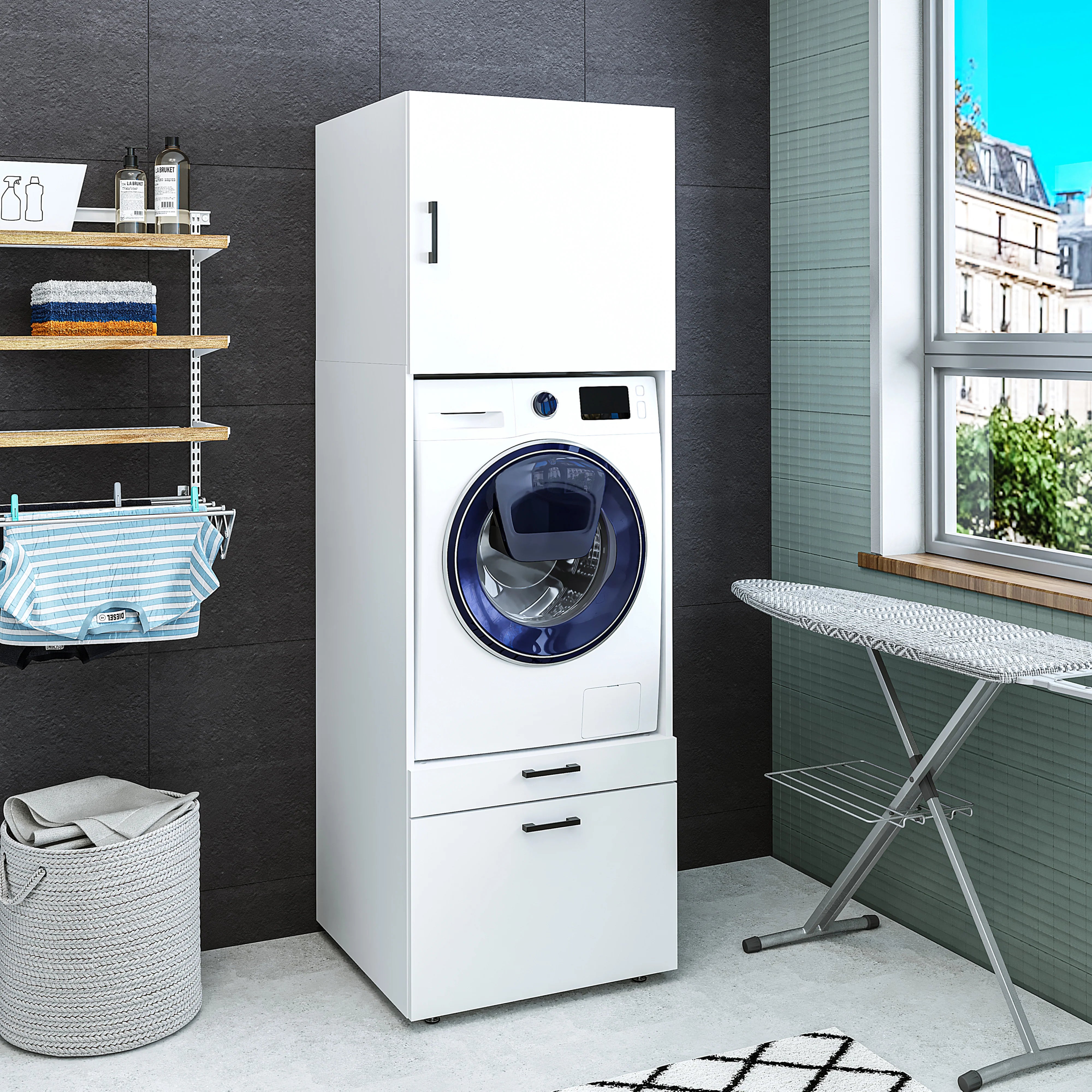 Laundry cabinet, white, drawer and pull-out board, 205x67x66,8 cm