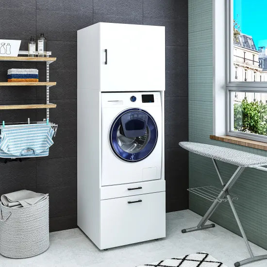 Laundry cabinet, white, drawer and pull-out board, 205x67x66,8 cm