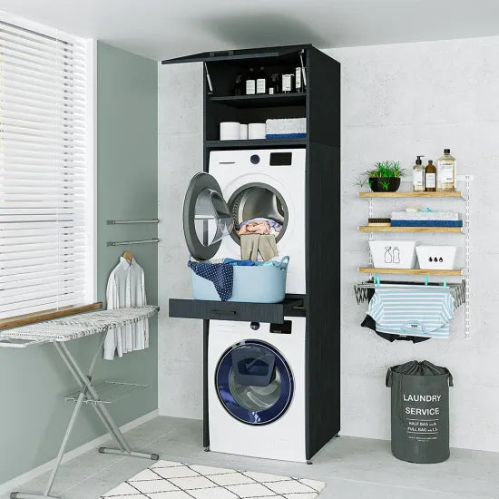 Cabinet for washing machine and dryer, with pull-out shelf, with 57 cm folding cabinet, Black