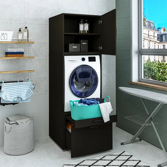 Laundry cabinet, black, drawer and pull-out board, 205x67x66,8 cm