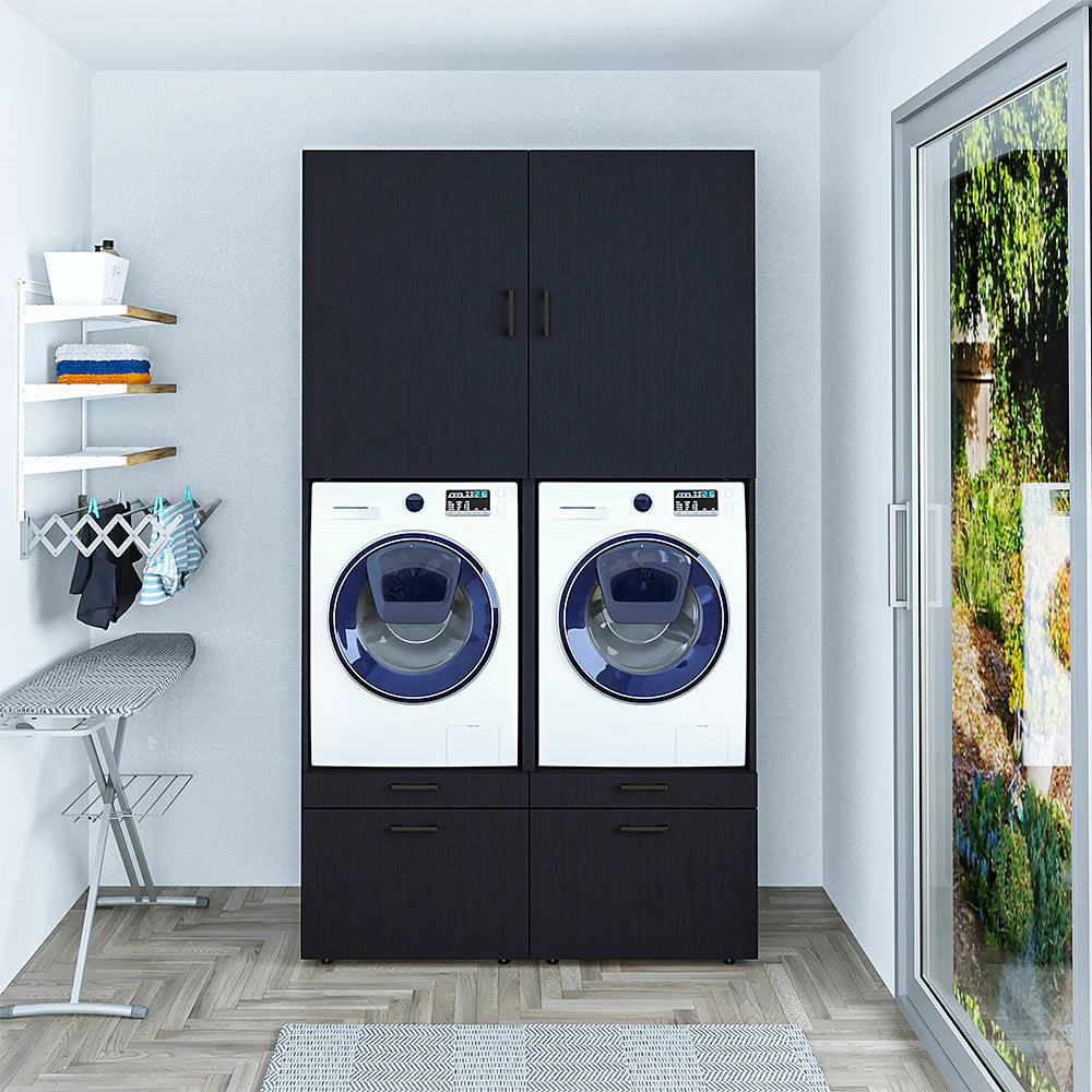 Cabinet for washing machine and tumble dryer with panels 87 cm, black oak, drawer + pull-out board