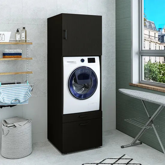 Laundry cabinet, black, drawer and pull-out board, 205x67x66,8 cm