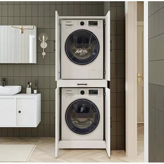 Laundry cabinet for washer and dryer machine, with pull-out shelf, WHITE, with doors