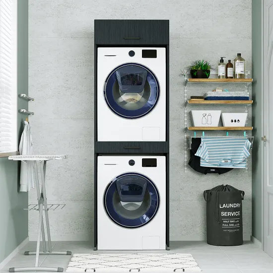 Cabinet for washing machine and dryer, with pull-out shelf, with 22 cm folding cabinet, black