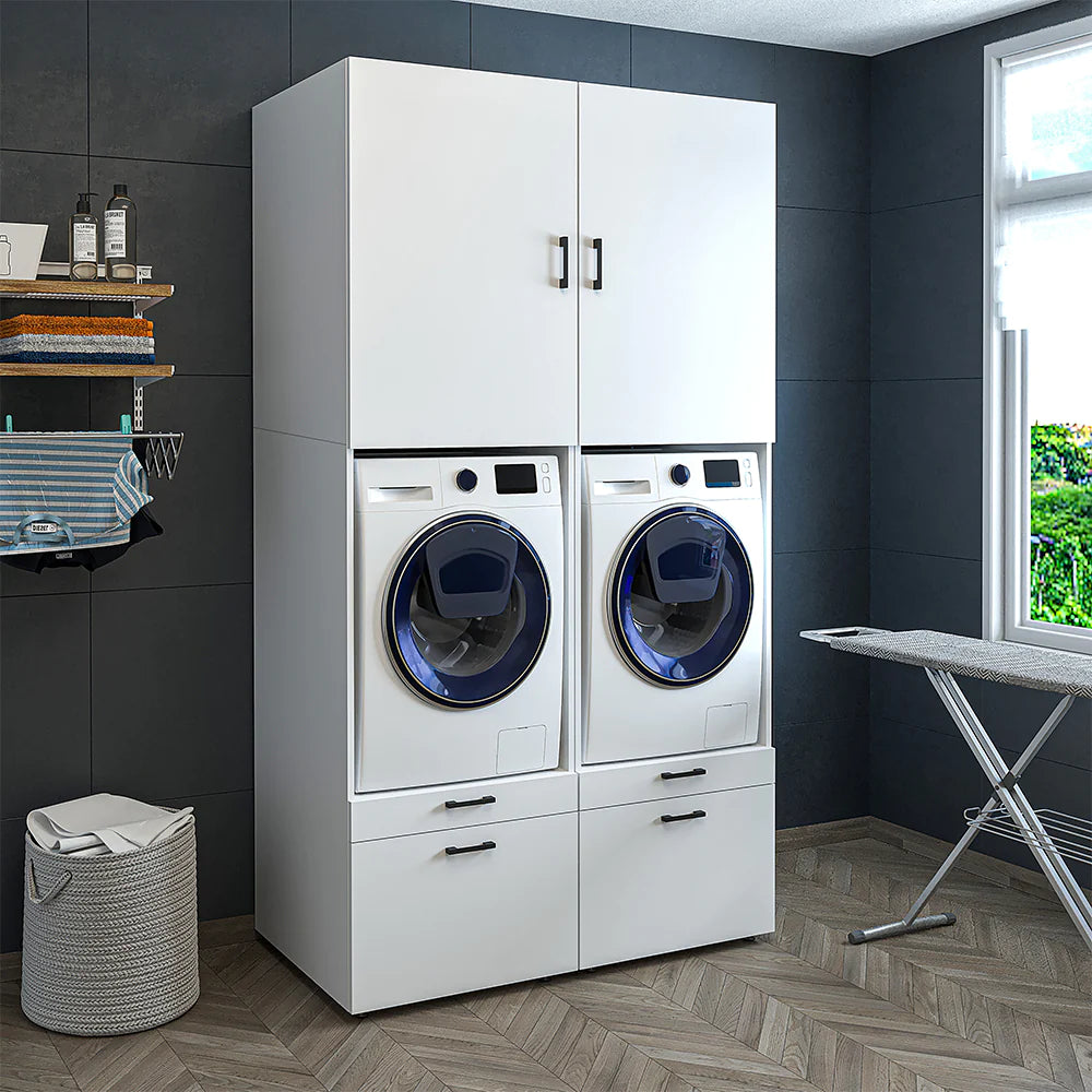Cabinet for washing machine and tumble dryer with panels 87 cm, white, drawer + pull-out board