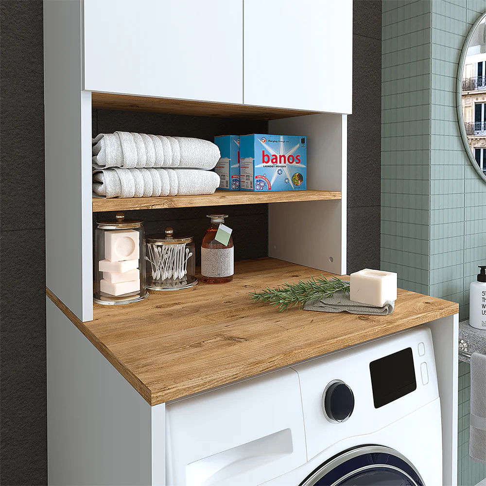 Cabinet for washing machine, white/oak, MONICA, 65 x 181 x 60 cm