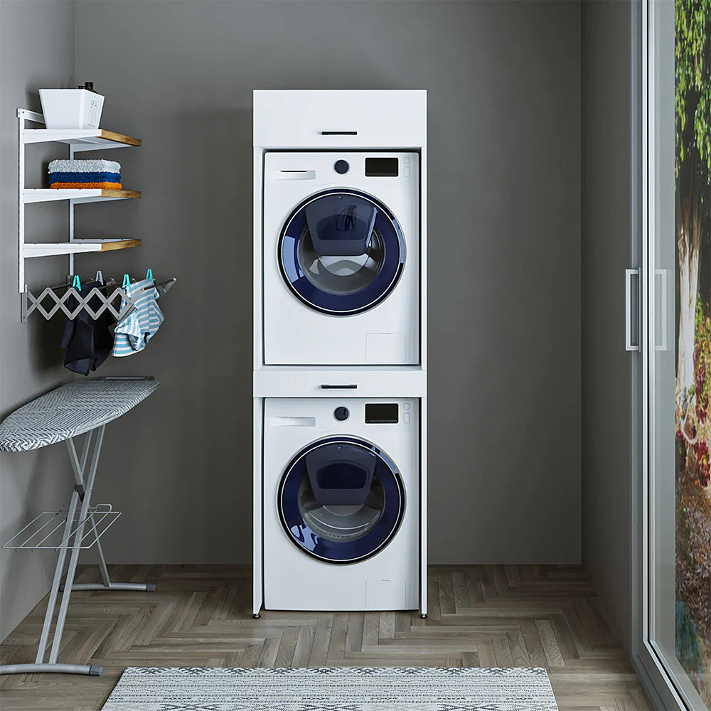 Cabinet for washing machine and dryer, with pull-out shelf, with 22 cm folding cabinet, White