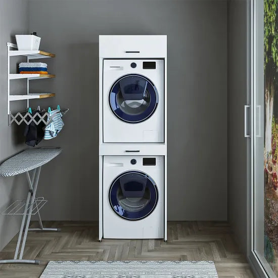 Cabinet for washing machine and dryer, with pull-out shelf, with 22 cm folding cabinet, White