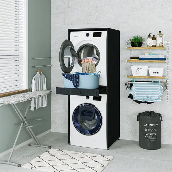 Cabinet for washing machine and dryer, with pull-out shelf, black