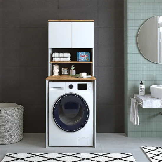 Cabinet for washing machine, white/oak, MONICA, 65 x 181 x 60 cm