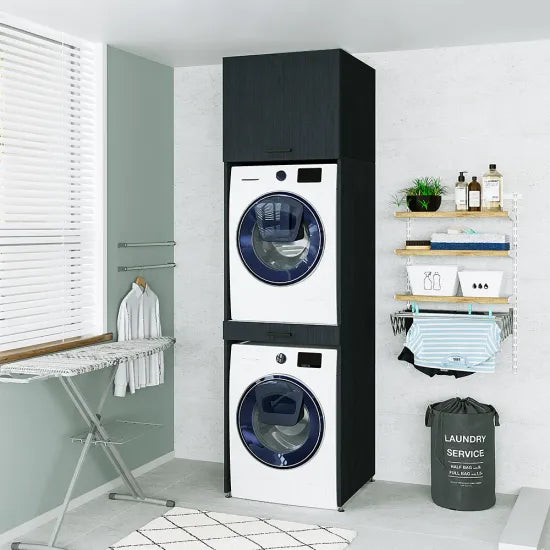 Cabinet for washing machine and dryer, with pull-out shelf, with 57 cm folding cabinet, Black