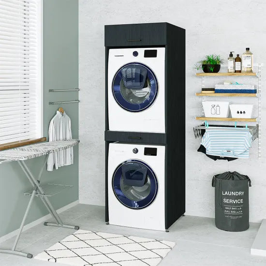 Cabinet for washing machine and dryer, with pull-out shelf, with 22 cm folding cabinet, black