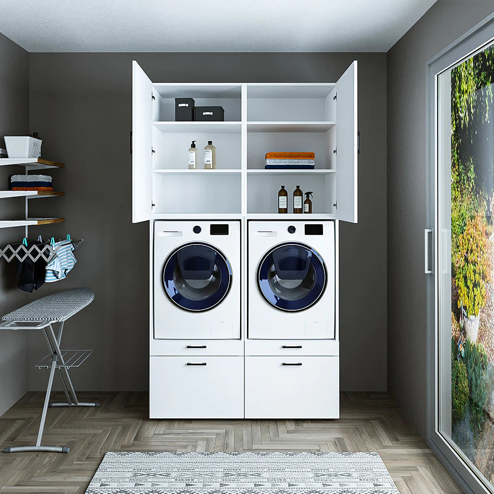 Cabinet for washing machine and tumble dryer with panels 87 cm, white, drawer + pull-out board