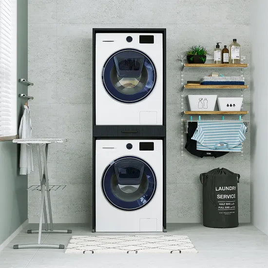Cabinet for washing machine and dryer, with pull-out shelf, black